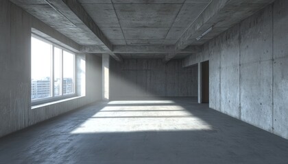 A large, empty room with gray walls, a window on the left side, and a concrete ceiling.