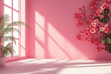 Aesthetic Pink Room: A minimalist, light-filled room, bathed in soft pink hues, features a large window casting shadows and a floral arrangement, creating an inviting and serene atmosphere.