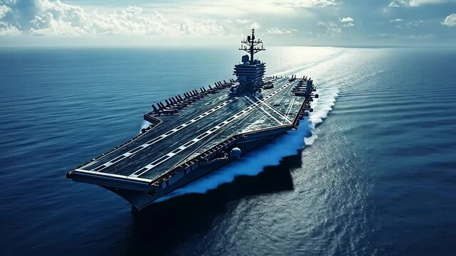 Majestic aircraft carrier sailing across vast ocean under sunny skies