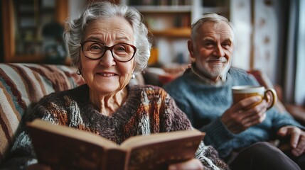 Happy senior couple reading and enjoying coffee at home, smiling woman in glasses with book sits beside a man holding a coffee cup on sofa, ultra-realistic indoor scene with copy space.