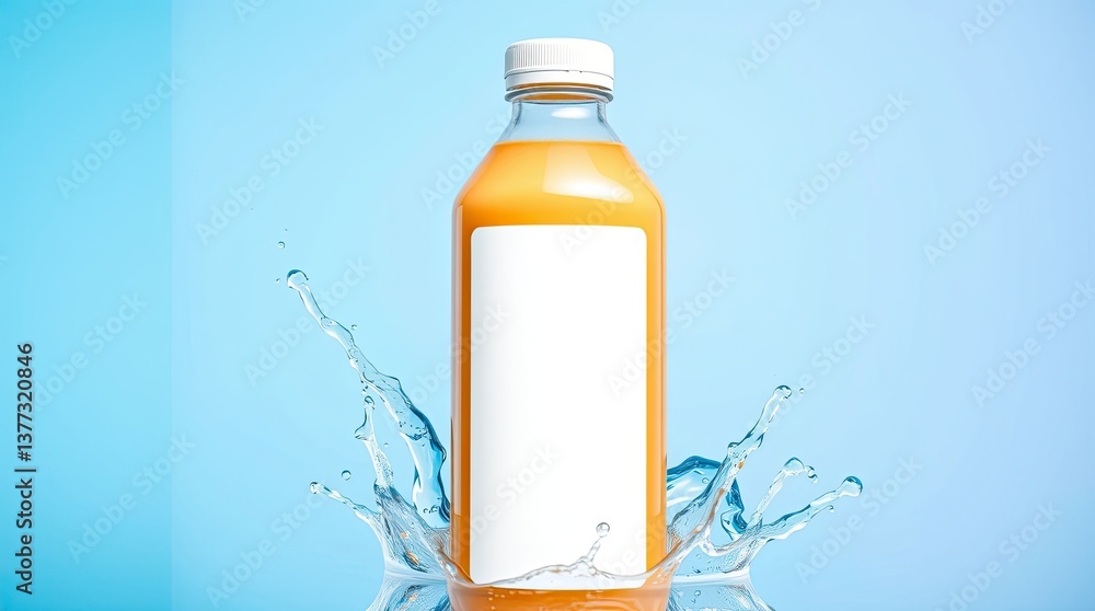 Poster a refreshing bottle of juice with water splashing around