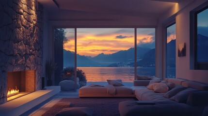 Fototapeta premium A modern interior design of a living room with a sofa and fireplace, a stone wall, white walls, and a window view of the sea at night.