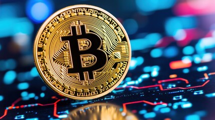 Gold Bitcoin Cryptocurrency Coin on Circuit Board Background