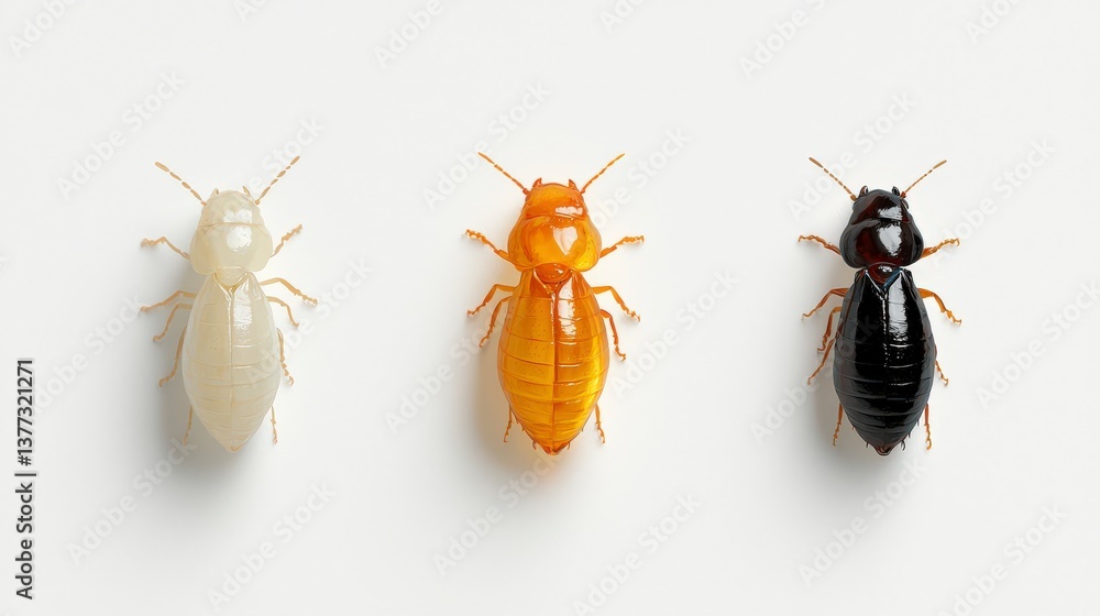 Poster a trio of termites: a close-up shot of three termites, each in a different color, showcases the vari