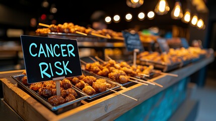 An Eye-Catching Display of Food with a Bold Sign on Cancer Risk in a Modern Culinary Environment