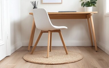 A white chair with light wood legs sits at a wooden desk in a bright room. A round jute rug is under the chair. Plants and a framed picture are on the desk. The floor is light wood
