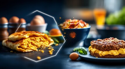 Delicious Breakfast Dishes with Fluffy Eggs and Savory Ingredients Presented in a Stylish Setting