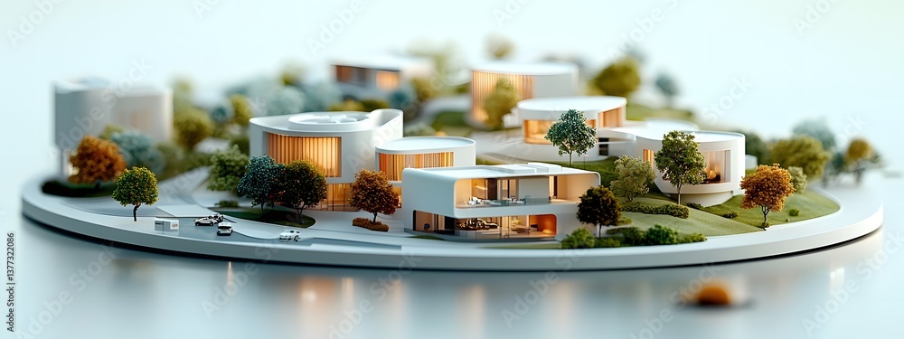 Poster detailed 3d model of a sleek energy efficient urban housing complex featuring a modern minimalist ar