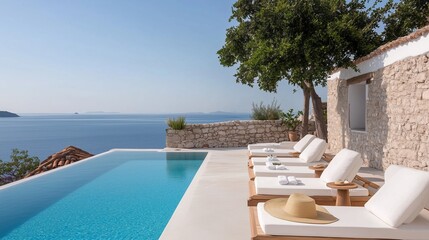 Obraz premium Luxurious poolside scene with sun loungers overlooking the serene ocean. A sense of calm, relaxation and high-end leisure is portrayed. The scene shows the tranquility of a peaceful escape