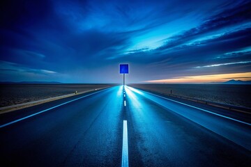 Obraz premium Minimalist Night Highway Scene: Blue Distance Sign, Asphalt Road