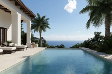 Fototapeta premium A luxury villa with a stunning infinity pool overlooking the ocean on a sunny day. The scene evokes a sense of serenity and the good life, enhanced by the clear blue sky and palm trees.