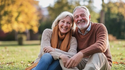 Happy senior couple enjoying sunny day on park grass, captured with professional equipment, featuring ample copy space for text placement.