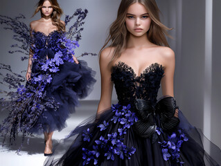  a high fashion illustration of a model in a couture dress