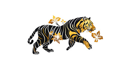 Elegant Black and Gold Tiger with Floral Accents