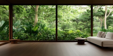 Fototapeta premium A serene indoor space with large windows offering a stunning view of lush greenery outside. The room features a minimalist design, a comfortable couch.