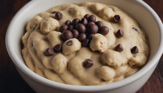 closeup of delicious chocolate chip cookie dough dip in a bowl