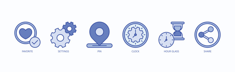 Priority And Control Icon Set Isolated Vector With Icon Of Favorite, Settings, Pin, Clock, Hour Glass, Share In Blue Style