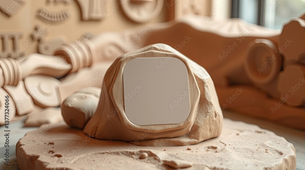 Aufkleber wooden sculpture of a block with a square inset and background elements