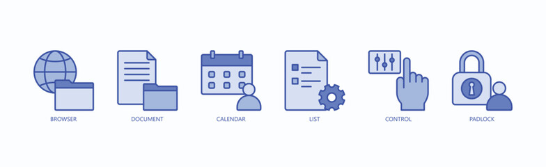 Access And Security Icon Set Isolated Vector With Icon Of Browser, Document, Calendar, List, Control, Padlock In Blue Style