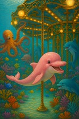 Underwater Carousel with Pink Dolphin, Octopus, and Sea Creatures in Fantasy Ocean Scene