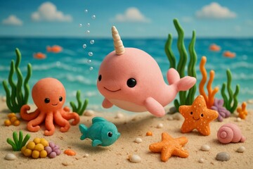Cute Narwhal, Octopus, Starfish, and Fish – Claymation Ocean Scene for Kids