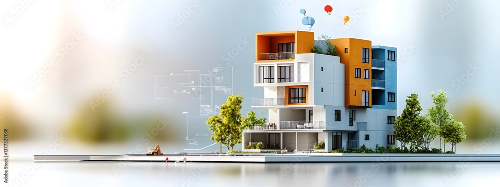 Poster detailed 3d rendering showcasing the exterior design and structural elements of a modern multistory 