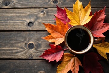 Aromatic Fall Beverage Surrounded by Vibrant Autumn Leaves on Rustic Wooden Surface