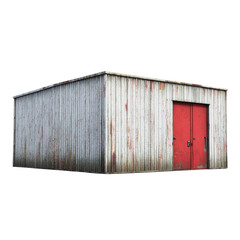 weathered metal shed with red door, showcasing rustic charm and character
