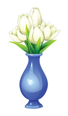 Elegant white tulips in a blue vase with green leaves. Vector cartoon illustration