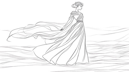 A woman is walking on a beach with a long dress