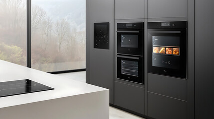 A kitchen with a black oven and a white countertop