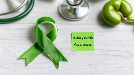 A green awareness ribbon symbolizes kidney health awareness, alongside medical tools on a white wooden surface.