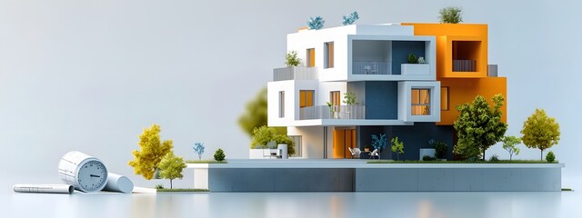 Fototapeta premium Detailed 3D schematic plans technical diagrams and cross sectional views of a modern minimalist apartment building with clean geometric patterns and high contrast grayscale rendering