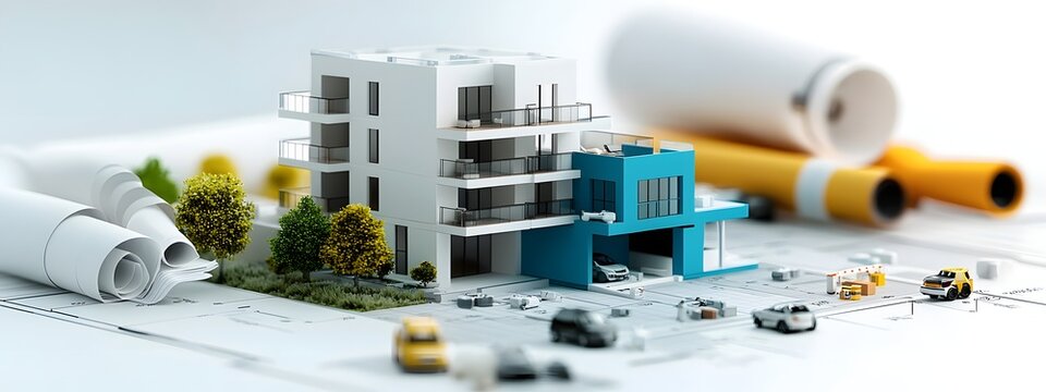 Detailed 3D schematic plans technical diagrams and cross sectional views of a modern minimalist apartment building design with clean lines and high contrast grayscale presentation