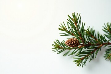 A single evergreen sprig with a small pine cone rests on a blank surface