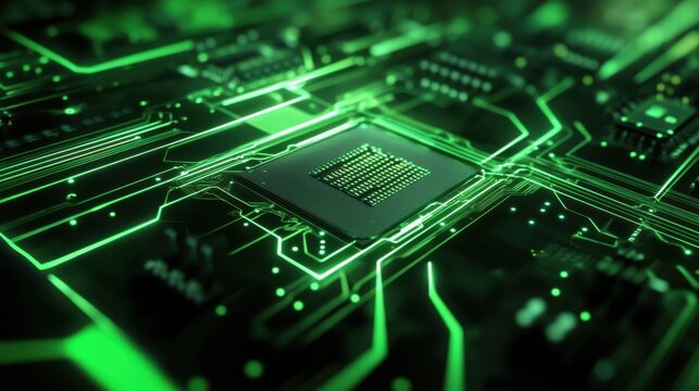 Close-up of a microprocessor on a circuit board with glowing green pathways