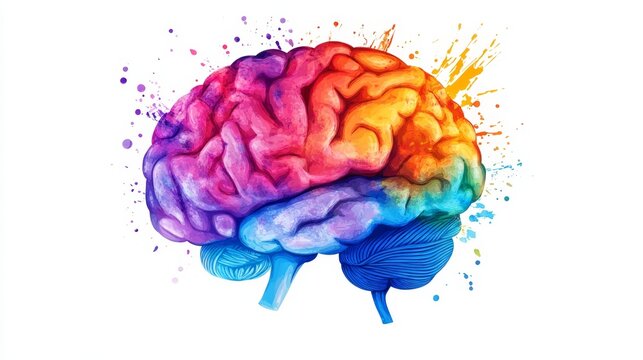 Colorful artistic brain illustration with abstract rainbow splashes