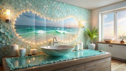 Fototapeta premium Modern Beach Bathroom Design: Wave Mural, Sea Glass Counter, Shell Sink - Stock Photo