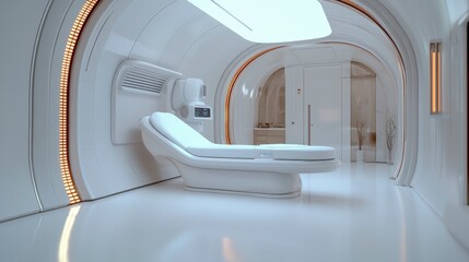 Fototapeta premium Futuristic Medical Room with Sleek Bed and Soft Lighting for Advanced Health Treatments and Wellness Recovery Spaces