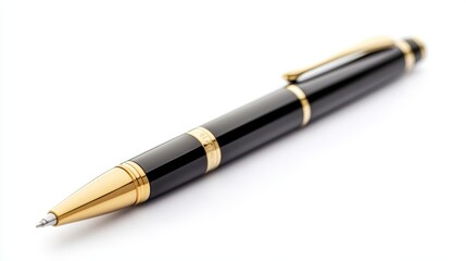 Elegant black and gold pen with detailed design on white background