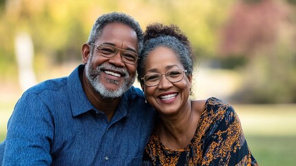 Fototapeta premium Joyful African American senior couple smiling for family portrait in sunny park, with blurred greenery creating serene atmosphere, radiating happiness together.