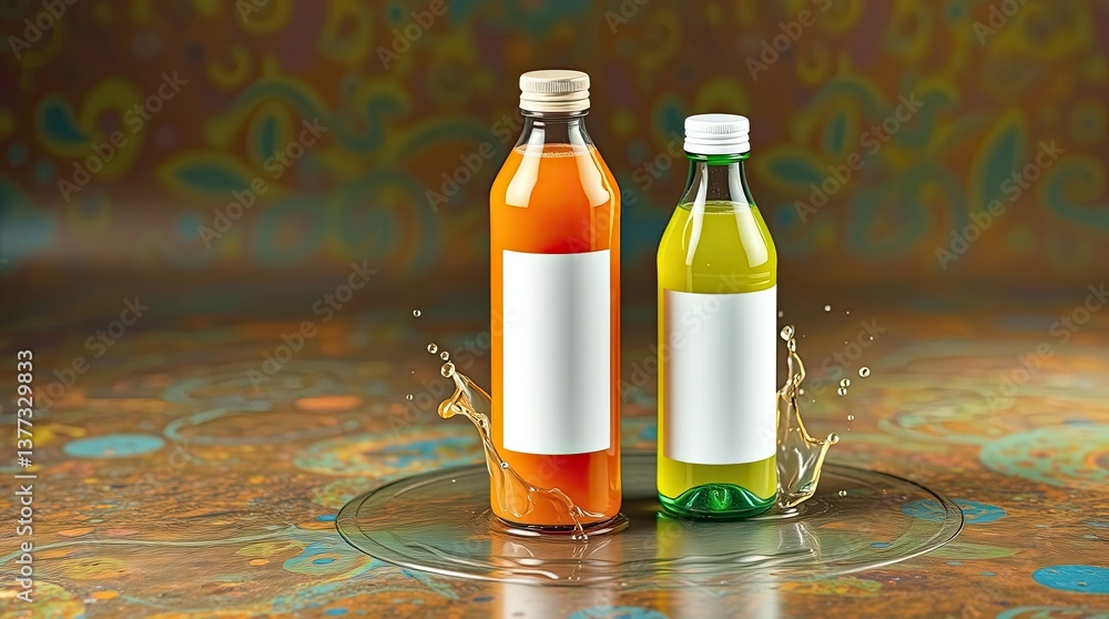 Poster Two bottles of juice are displayed on a wet surface