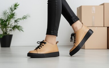 Tan leather sneakers with black soles, worn by a person in black pants. The shoes are shown in a minimalist setting with cardboard boxes and a plant in the background