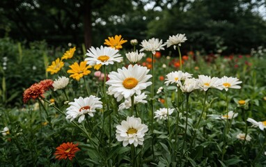 Obraz premium Vibrant wildflowers in a lush green field, showcasing white and yellow daisies with orange accents. Soft natural lighting creates a peaceful atmosphere