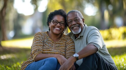 Joyful African American senior couple smiling for family portrait in sunny park, with blurred greenery creating serene atmosphere, radiating happiness together.