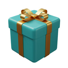 Teal Square Gift Box with Gold Ribbon and Bow 3D Render