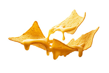 Fototapeta premium Tortilla Chips Drizzled with Melted Cheese, Suspended in Air