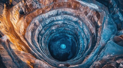 Big open-pit diamond mine, top view. Wide aerial shot of an enormous sparkling blue raw gemstone in the bottom