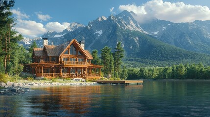 Naklejka premium Lakeside Log Cabin Home with Mountains