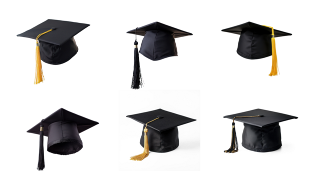 Collection of Graduation cap flying isolate on transparent background